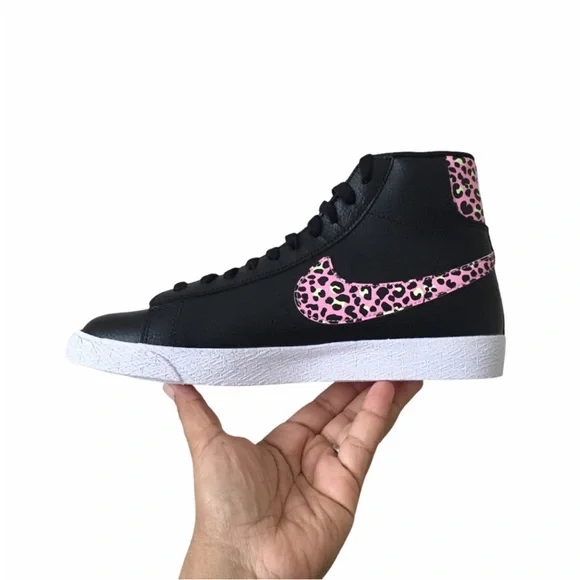 Nike Blazer Mid Black and Pink Leopard Print Sneakers - Picture 5 of 7